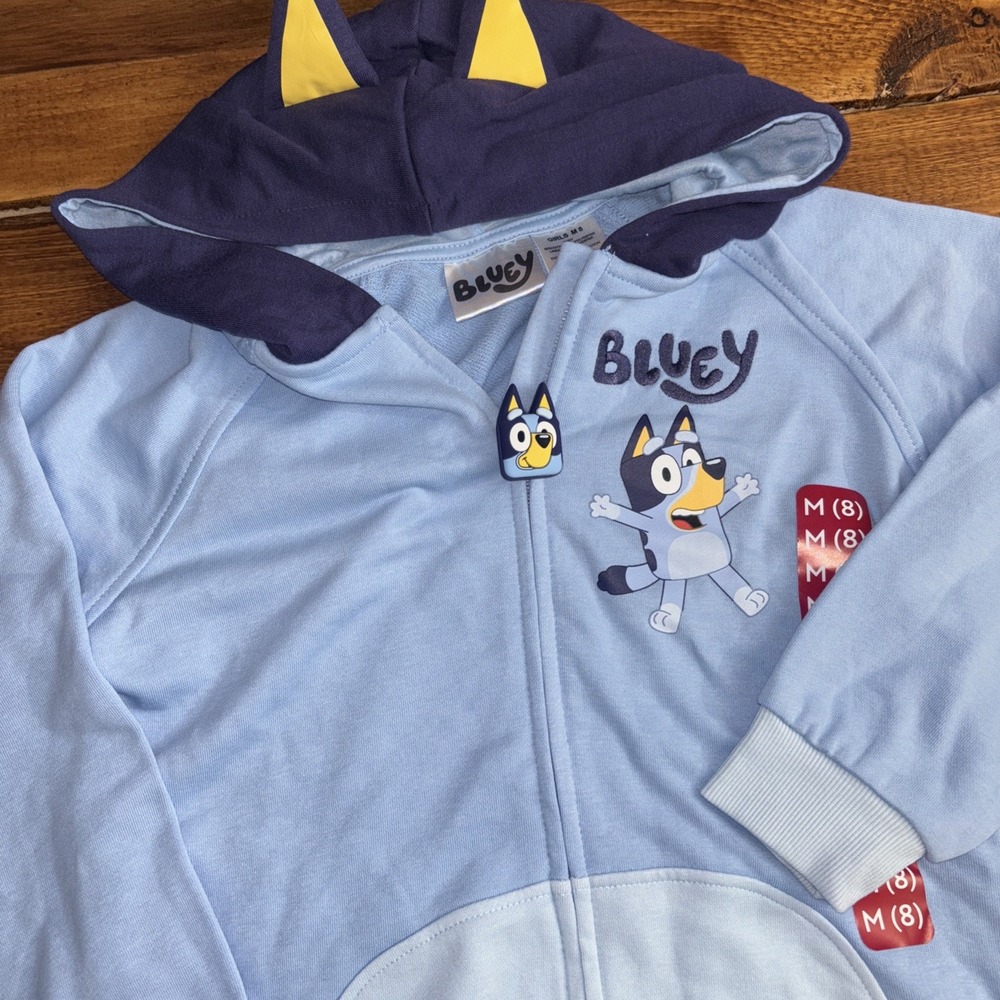 Bluey Zip Up Hoodie Girls Size MED 8 Light Blue Character Ears Fleece Jacket NEW